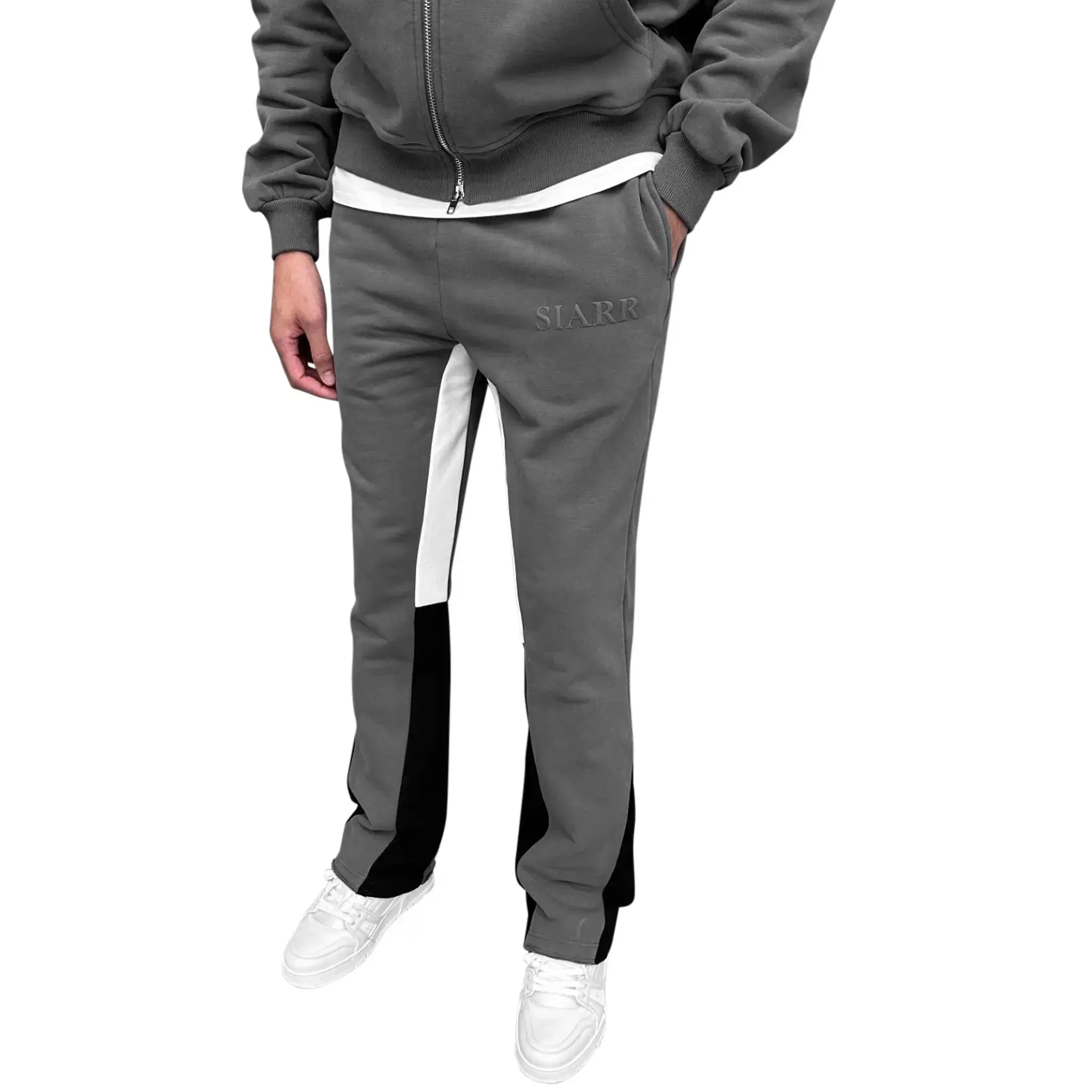 Model front view of SIARR Dark Grey Flared Joggers